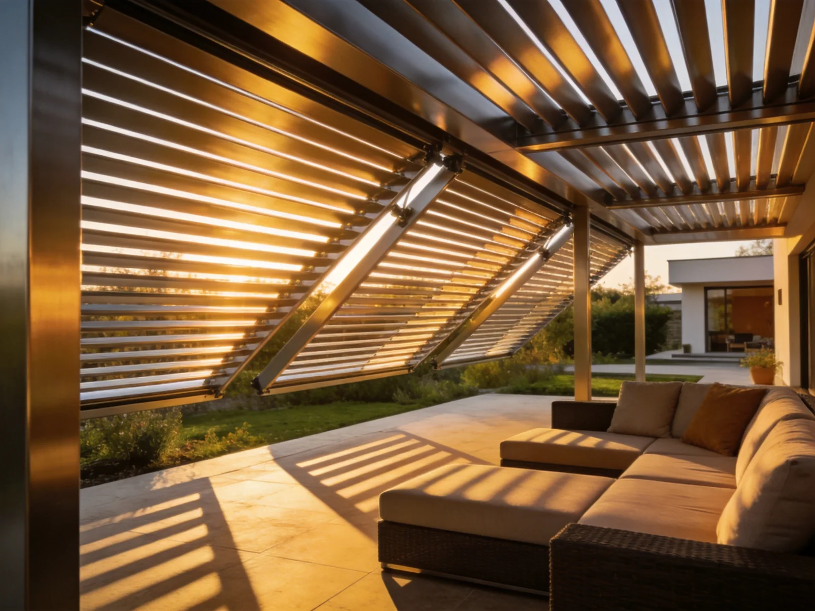 Motorized louvered pergola with LED lighting