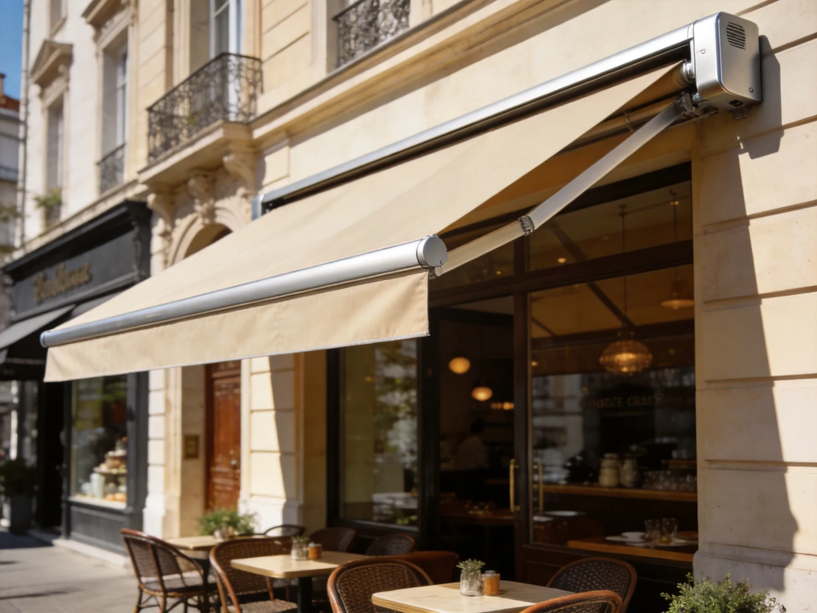 Retractable cassette awning on commercial building